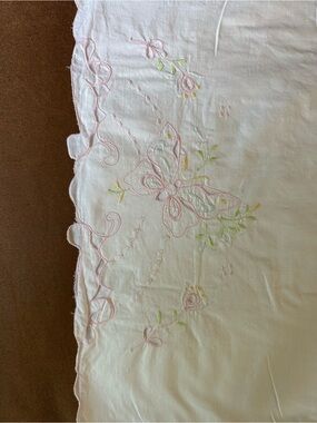 Source Unknown White Pillowcase with Pink and Yellow Embroidered Butterfly